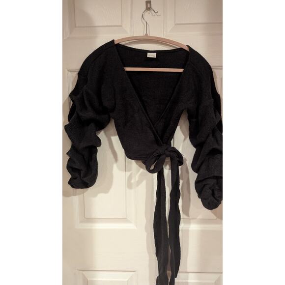 Black Wrap Cardigan Cropped Sweater Tie Front Ruffle Long Sleeve Knit Top - Picture 1 of 6